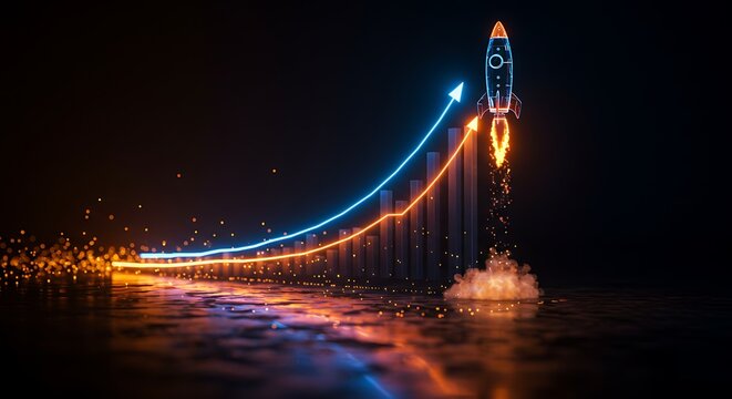 Rocket launches against a financial chart, symbolizing rapid growth and upward trends in a dark backdrop. Vibrant colors highlight the rocket and chart's dynamic movement.