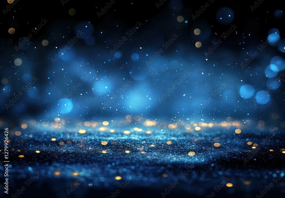 Poster enchanting blue background with sparkling bokeh effects and floating glitter particles for stunning 