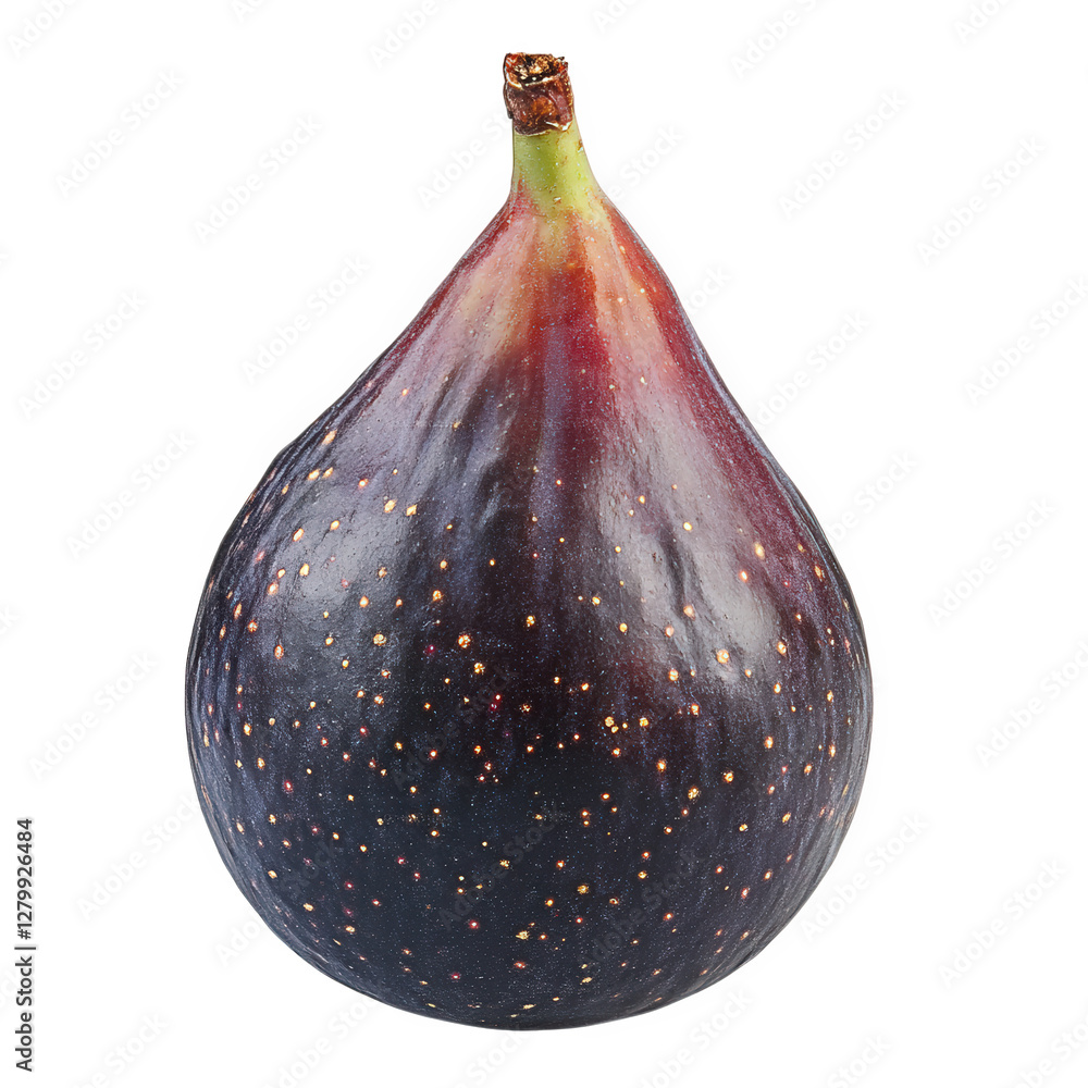 Poster single ripe fig with a smooth. dark purple skin. tapering to a point at the top the fig is plump and