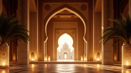 Majestic Islamic Archway with Glowing Lanterns and Golden Light Creating Serene Ramadan Atmosphere
