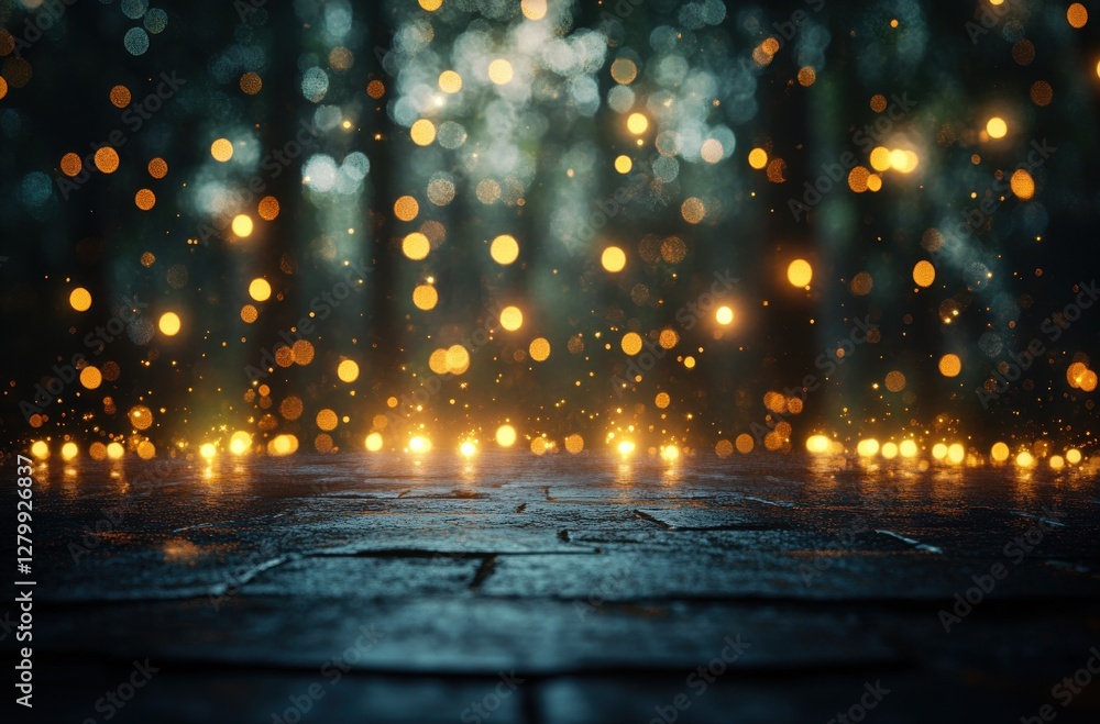 Poster enchanting evening scene with soft glowing lights and a mystical forest background capturing the mag