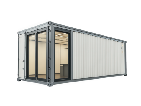 a modern shipping container converted into a functional space. featuring large glass doors and a sleek design this versatile structure can serve various purposes. such as an office. storage. or living