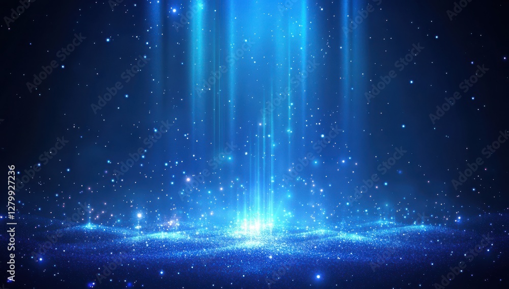 Poster ethereal blue light emerging from cosmic depths with streaming rays and sparkling particles creating
