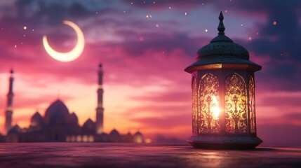 Ramadan lantern in front of a mosque at dusk.