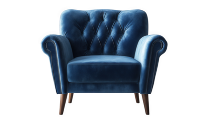 stylish blue velvet armchair with a tufted backrest and rounded arms. resting on wooden legs its elegant design makes it suitable for modern living spaces. providing comfort and aesthetic appeal ideal