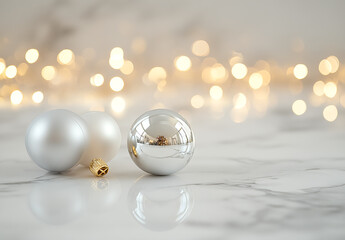Silver and White Christmas Ornaments on Marble with Bokeh Lights