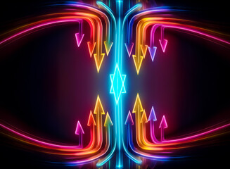 Vibrant neon arrows in red, orange, and blue hues converge inward towards a central glowing geometric shape on a dark backdrop.