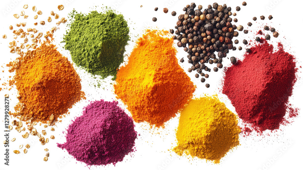 Poster an array of vibrant spices arranged in a visually appealing manner each spice is presented in a dist