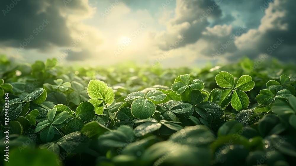 Poster lush green field covered in a carpet of vibrant shamrocks illuminated by soft glowing morning light 