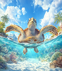 Obraz premium Turtle is swimming in the ocean with a palm tree in the background. The image has a calm and peaceful mood, with the turtle being the main focus of the scene
