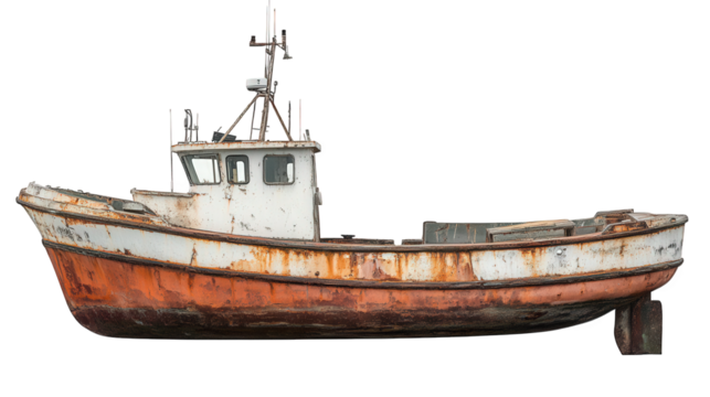 an old. weathered fishing boat with a rusty exterior. showing signs of age and neglect its structure suggests it was once used for fishing or transport on water. but now it stands as a relic of mariti