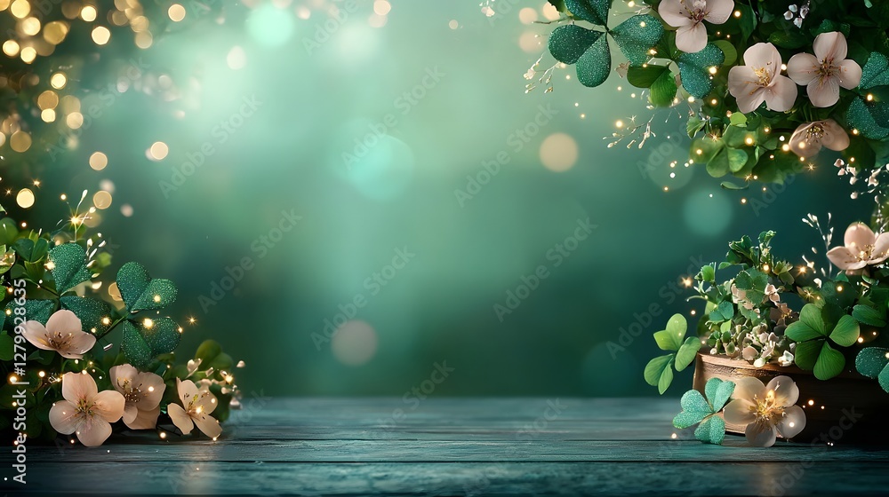 Poster serene and elegant emerald green background with softly glowing clovers and a gradient effect featur