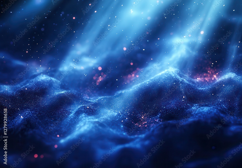 Poster ethereal underwater scene with glowing particles and gentle waves creating a mystical and dreamlike 