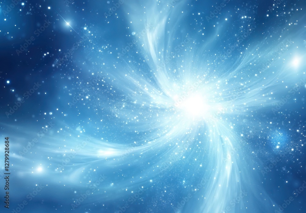 Poster ethereal swirling galaxy with bright core and celestial light beams in deep space background for sci