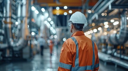 A worker dressed in an orange jumpsuit and white hard hat stands in an industrial facility, watching colleagues operate machinery during an evening work shift while lights illuminate the area.