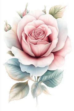 A beautiful rose clipart on a white background, created with pastel watercolor pencils. The soft colors of pink, red, blue, silver, and gold are isolated on a clean, blank white background.