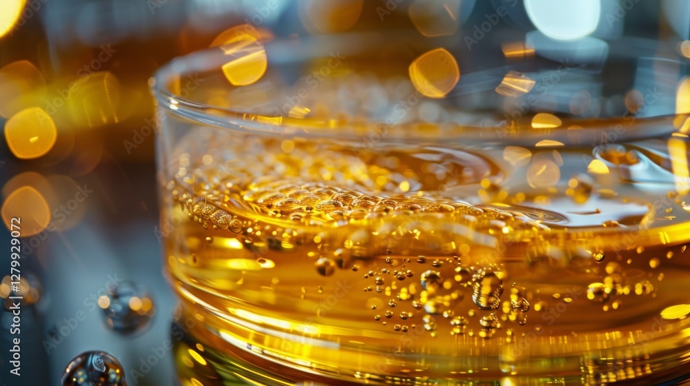 Aufkleber in a clear glass, golden bubbles of a fizzy drink rise steadily, creating an inviting look. the back