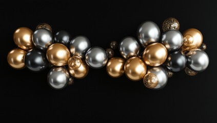 Festive Arrangement of Metallic Gold, Silver, and Black Balloons on Dark Background for Celebration, Party, or Event Decoration