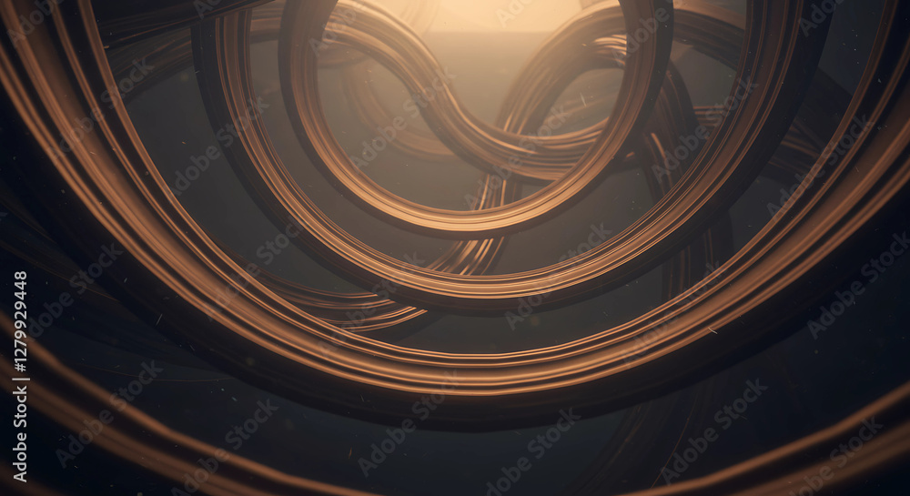 Poster intertwined rings: abstract metallic forms in a foggy space - a 3d composition with curved shapes an
