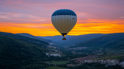 Fototapeta premium hot air balloon floats gracefully over vibrant valley at sunset, creating serene and picturesque scene