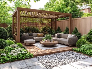 Design Modern Backyard Oasis: Wooden Pergola,  Cozy Seating, Stone Path