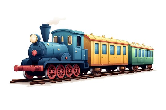 Cute toy train locomotive for kid, engine, wagon, wheels and railway for child. 