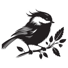 Chickadee Bird Silhouette Vector Illustration, Solid White Background.