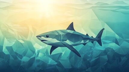 Obraz premium Shark swimming ocean sunrise, underwater polygonal art