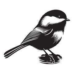 Chickadee Bird Silhouette Vector Illustration, Solid White Background.