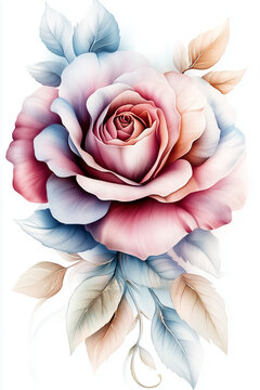 A beautiful rose clipart on a white background, created with pastel watercolor pencils. The soft colors of pink, red, blue, silver, and gold are isolated on a clean, blank white background.