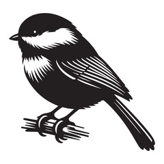 Chickadee Bird Silhouette Vector Illustration, Solid White Background.