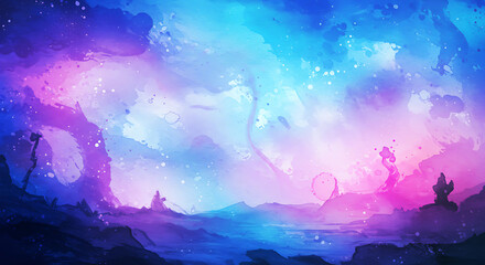 Ethereal Expanse: Nebulous Skies and Distant Silhouettes - A Dreamlike Landscape with Pastel Hues, Evoking a Sense of Tranquility and Cosmic Wonder
