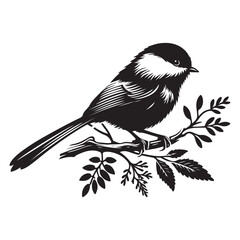Chickadee Bird Silhouette Vector Illustration, Solid White Background.