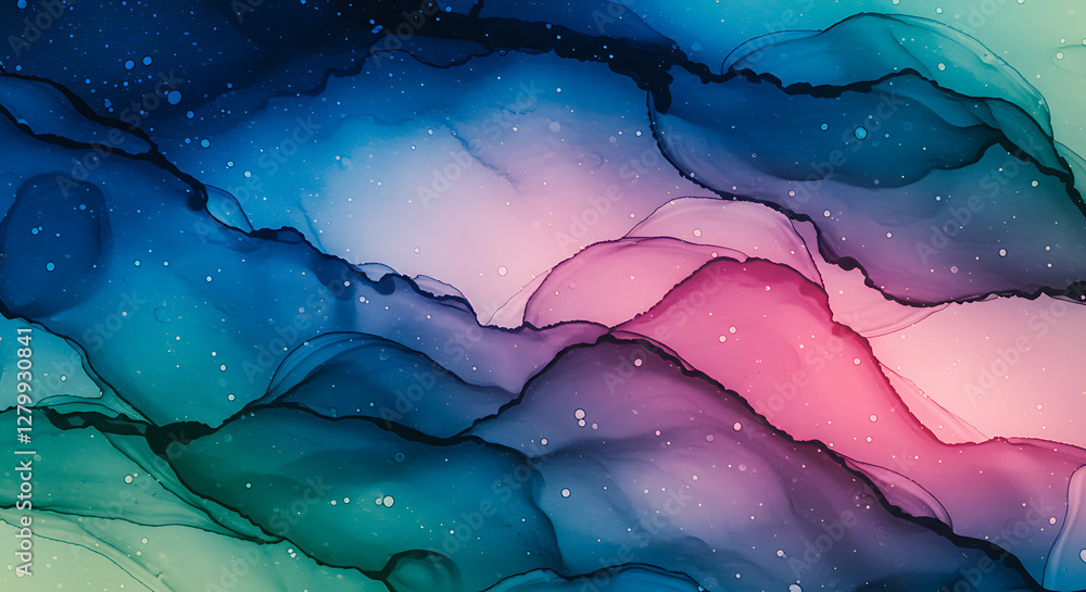 Poster inkscape serenity: abstract fluid art with azure and rose hues - a textured background with glimmeri