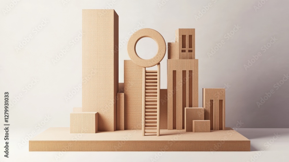 Aufkleber wooden geometric cityscape model featuring various structures and a ladder in a minimalistic setting