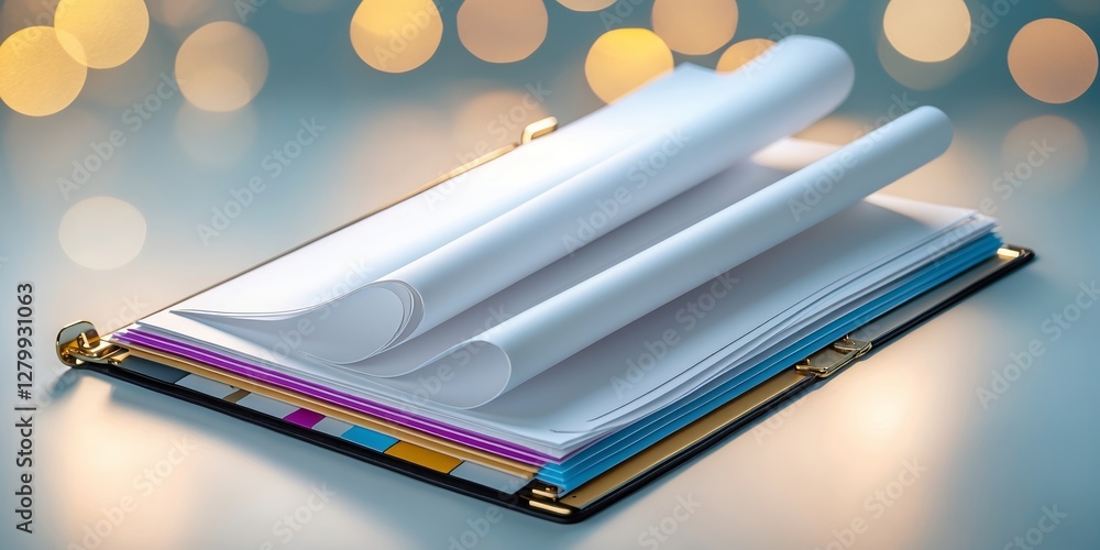 Poster organized collection of colorful folders and blank sheets arranged neatly on a soft surface illumina