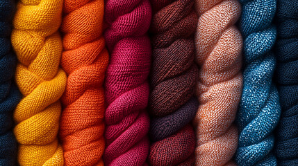 Colorful braided yarn skeins in vibrant warm and cool tones, showcasing rich texture and soft fibers, tile
