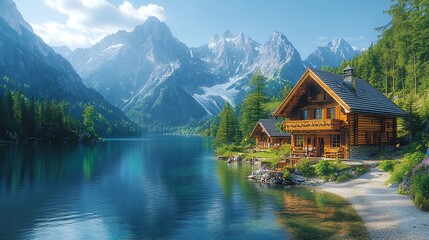 Fototapeta premium Austrian village with mountain lake scenery high resolution hd picture