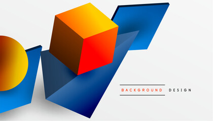 Abstract design showcasing isometric cubes, pyramids, squares, and spheres in a vibrant 3D layout. Modern and dynamic, perfect for tech, design, or futuristic themes