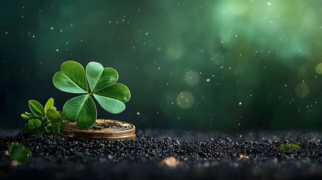 Enchanting four leaf clover resting delicately on a shimmering golden coin isolated against a tranquil black background with soft dramatic lighting  A symbol of good luck prosperity and serendipity