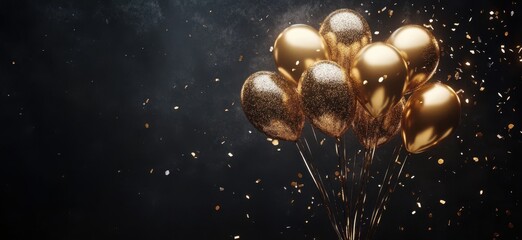 Festive golden balloons with glitter on dark background, celebrating joy, party, and special moments, perfect for holiday events and cheerful gatherings