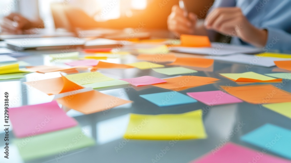 Fototapete Cluttered workspace filled with colorful sticky notes symbolizes the chaos of multitasking and stress in a busy work environment. Hands busy with tasks highlight the urgency of deadlines