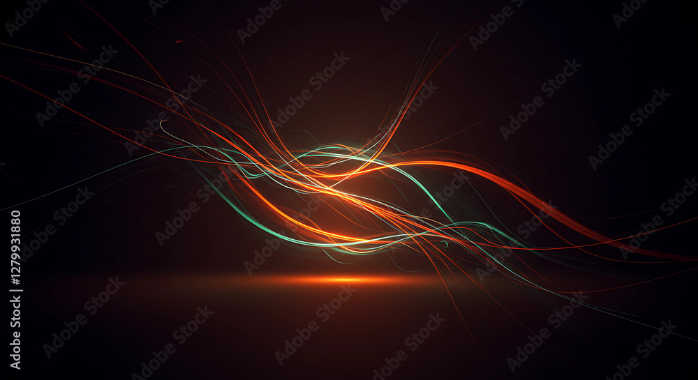 Poster luminous strands: intersecting lines of light against a dark backdrop - abstract glow with warm oran