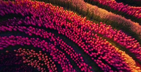 Aerial View of Vibrant Pink and Orange Tulip Fields in Golden Light