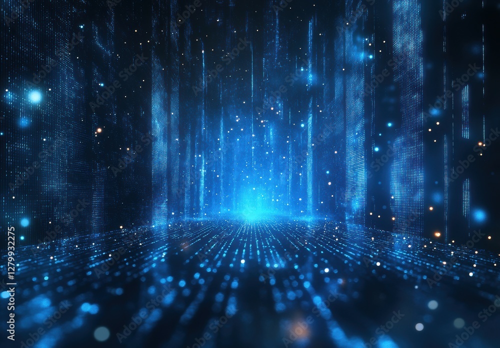 Poster futuristic abstract digital space with glowing blue particles and light rays in 3d depth reflecting 