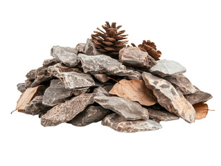 Pile of stones with autumn leaves isolated on transparent background