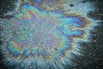 Colorful oil spill generating a vivid rainbow reflection on the dark pavement of the road.