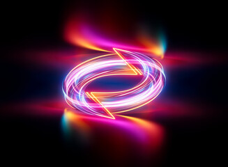 Abstract circular shape with glowing neon arrows and vibrant light trails on a dark background, creating a dynamic and futuristic visual effect.