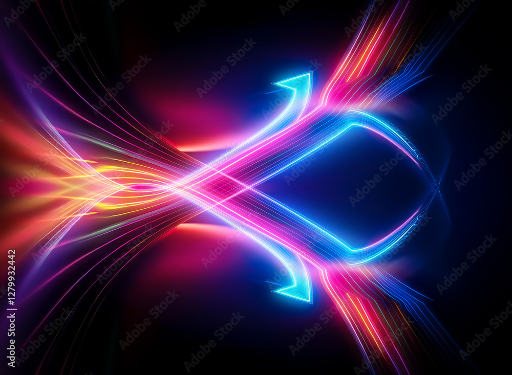 Poster dynamic abstract light trails in vibrant neon colors against a dark backdrop. glowing lines create a