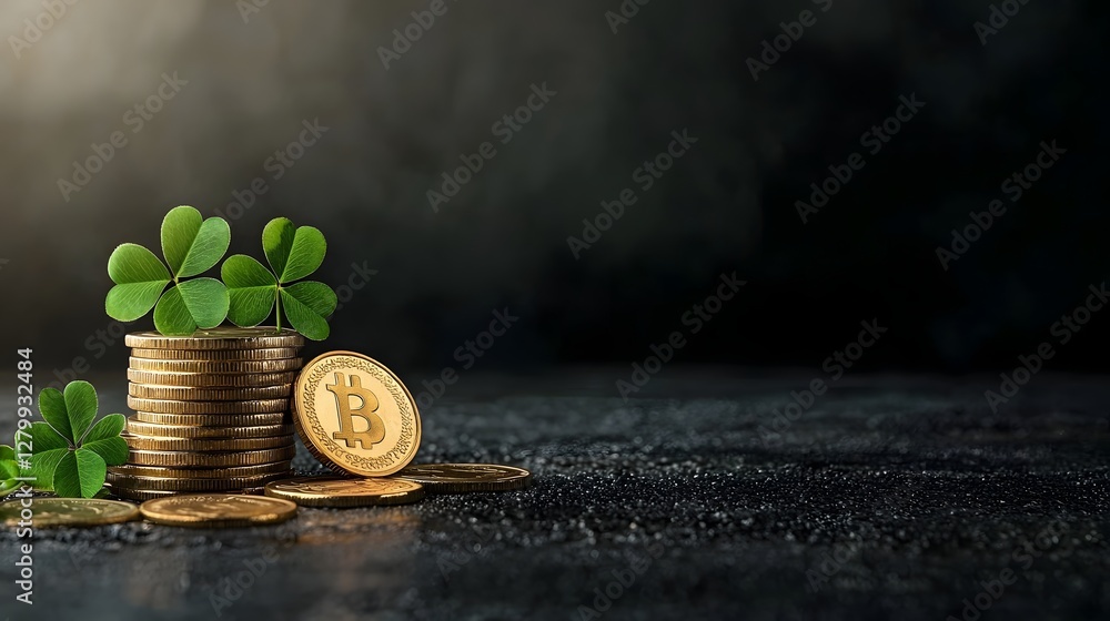 Poster a stack of shiny golden coins with a single four leaf clover resting atop isolated against a dark mi